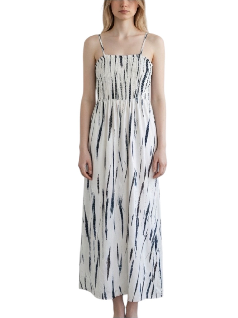 Soft Surroundings Smocked Coastal Summer White/Navy Abstract Streaks Maxi Dress